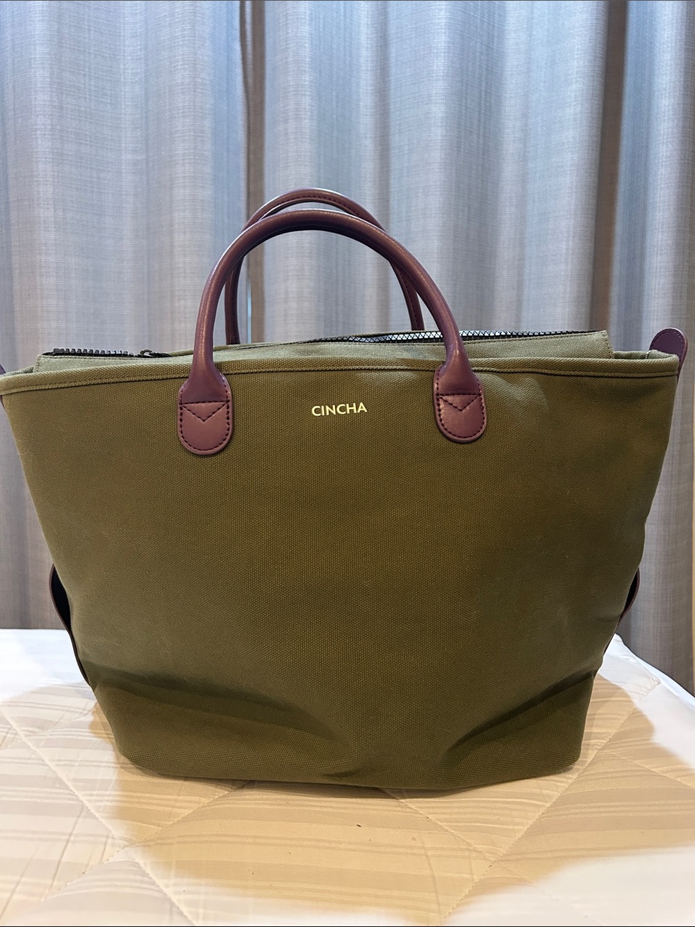 Cincha Olive Canvas Duffel with Purple Handles